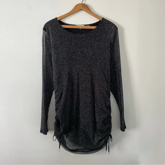 NWT New Calvin Klein Woman Black Metallic Thread Tie Side Long Sleeve Top 2X - Picture 2 of 6